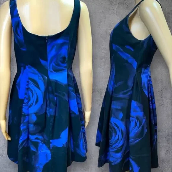GAP Pleated Dress Fit N Flare Blue & Black ROSE print Dress Size 6. - Picture 2 of 7